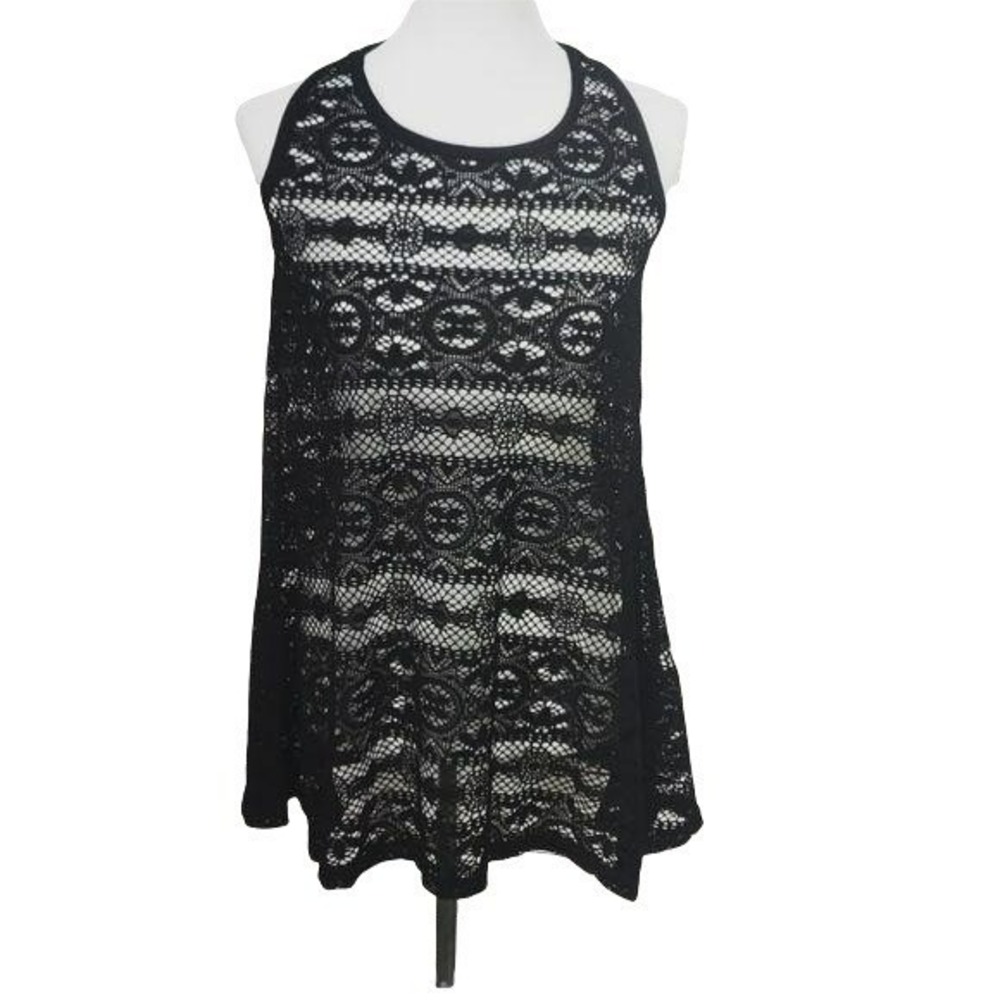 West Loop Black Crochet Lace Sleeveless Beach Cover Up Racerback Medium